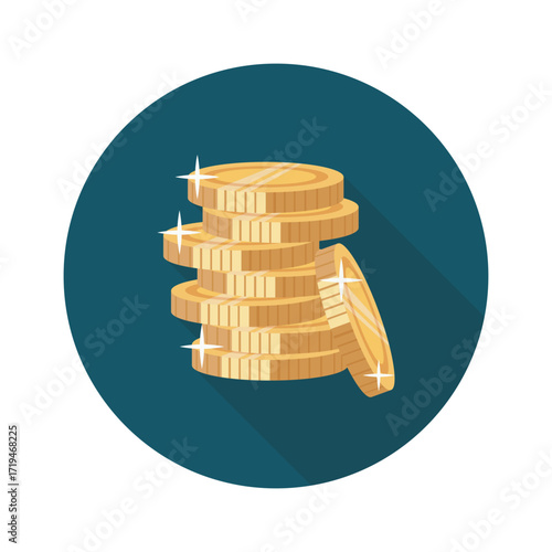 Stack of shimmering gold coins symbolizing wealth prosperity and financial success against a bold navy blue background