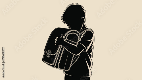 Touching illustration of a boy hugging his schoolbag, conveying innocence and the start of education, great for back-to-school ads and educational materials