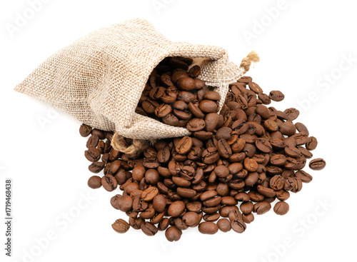 Roasted coffee beans in a jute bag isolated on white background. Coffee beans background texture.