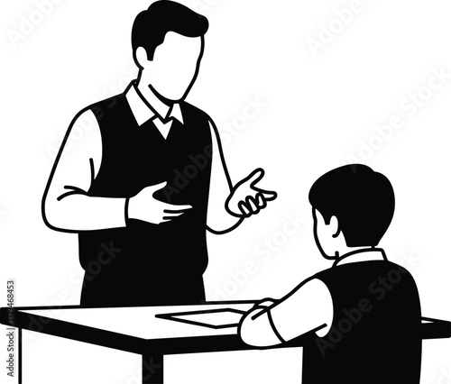 Black silhouette illustration of adult teaching child at table, educational guidance and learning interaction in professional or classroom setting.