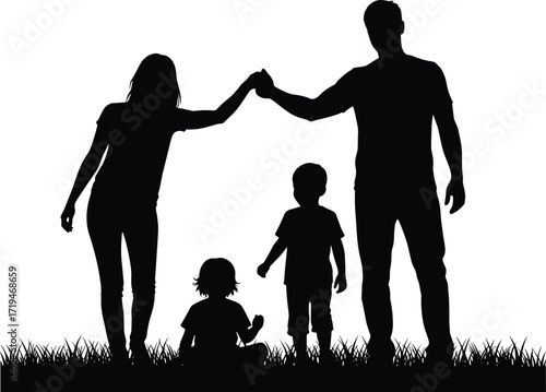 Black silhouette illustration of family with two adults and children under raised arms, symbolizing unity, protection, and togetherness.
