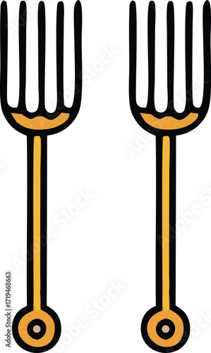 Two rustic hand-drawn forks with orange handles and yellow stems perfect for kitchen or farmhouse decor concepts