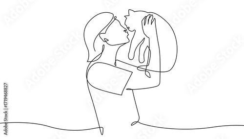 Woman Holds and Kiss a Cat One Line Vector Illustration. Continuous Single Line Drawing of Girl and Cat. Domestic Animal on Hands Hand Drawn Vector Illustration. Pet Contour Silhouette Outline Style