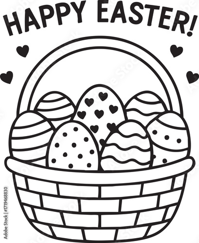 Happy Easter Basket: A charming Easter basket brimming with decorative eggs, illustrated with love hearts, creating a scene of seasonal joy.
