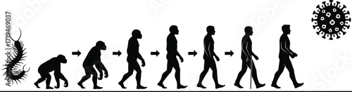 Black silhouette illustration of human evolution progressing toward virus symbol, conceptual design for science, history, biology, and global health themes.