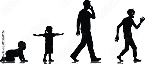 Black silhouette illustration of human life stages from crawling baby to elderly adult, symbolizing growth, aging, and life progression.