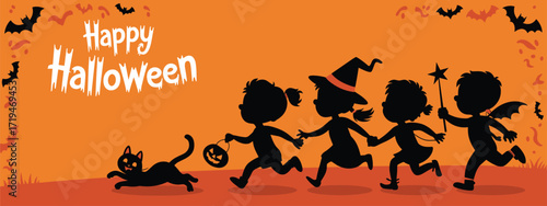 Halloween silhouette illustration, children in costumes black cat bats tree branches orange background, spooky festive design, trick or treat vector clipart