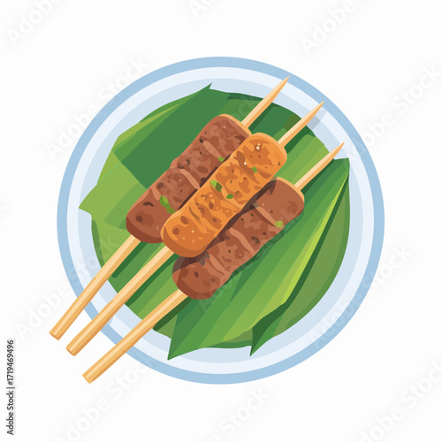 A vector illustration of Sate Lilit, a traditional Balinese dish of spiced minced meat skewers, served on fresh banana leaves.