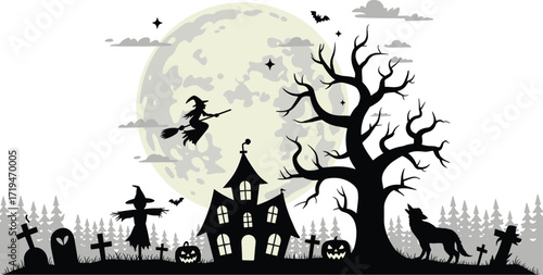 Halloween silhouette illustration, haunted house witch wolf pumpkin graveyard bat moon, spooky festive design, scary holiday graphic, eerie vector clipart