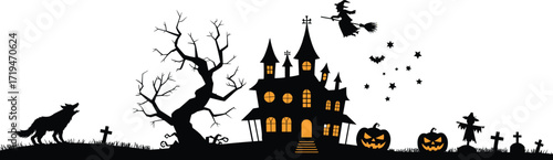 Halloween silhouette illustration, haunted house witch jack-o'-lanterns scarecrow wolf graveyard bats white background, spooky festive design, vector clipart