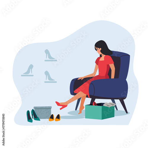 Woman Trying on Classic Shoes, Shoe Fitting – Footwear and Fashion Delivery Concept. woman sitting comfortably in an armchair at home, trying on a pair of classic shoes 