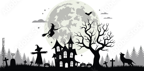 Halloween silhouette illustration, haunted house witch wolf pumpkin graveyard bat moon, spooky festive design, scary holiday graphic, eerie vector clipart