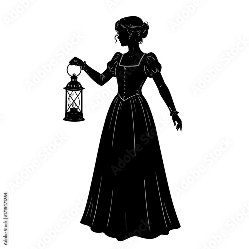 Vintage woman silhouette holding lantern in elegant retro dress, gothic mysterious lady symbol with light in night darkness, classic decorative vector illustration artwork style
