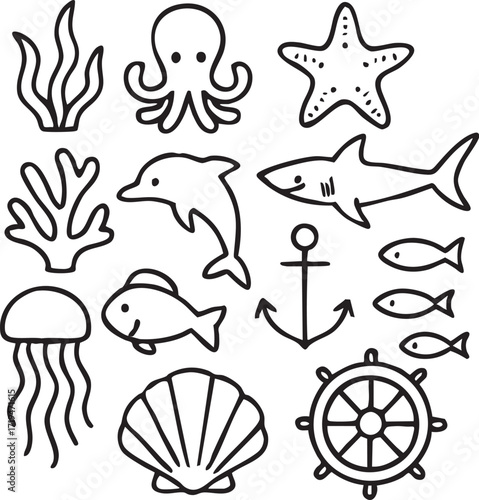 Ocean Doodles: A collection of meticulously drawn, clean-lined, graphic icons evoking the wonders and treasures of the deep blue sea.