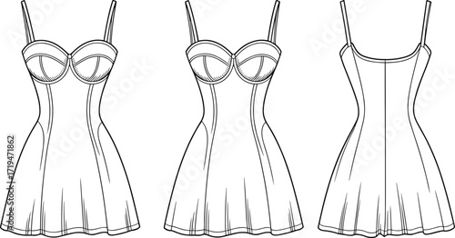 Babydoll lingerie technical sketch, front 3/4 back view, underwire cups, thin straps, flared skirt, fashion design illustration, garment construction vector, apparel template