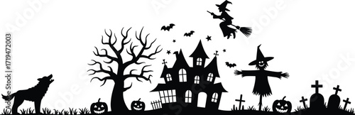 Halloween silhouette illustration, haunted house witch wolf pumpkin graveyard bat, spooky black design, scary holiday graphic, eerie festive vector clipart