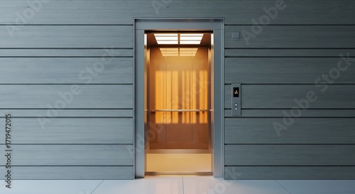 Modern elevator with open doors showcasing gold interior design element