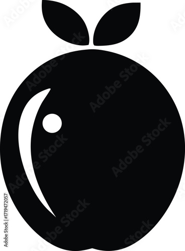 Simple black silhouette icon of a fresh ripe orange fruit with stem and leaves symbolizing citrus and healthy eating