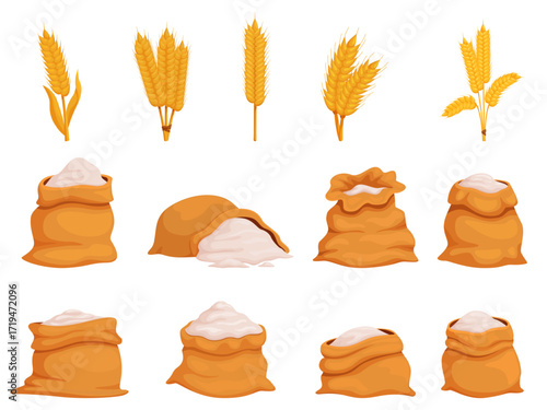 Cartoon wheat ears and flour. Harvest textile bags full of bulk products. Agriculture farming elements, harvest market sacks and plants, sapid vector set