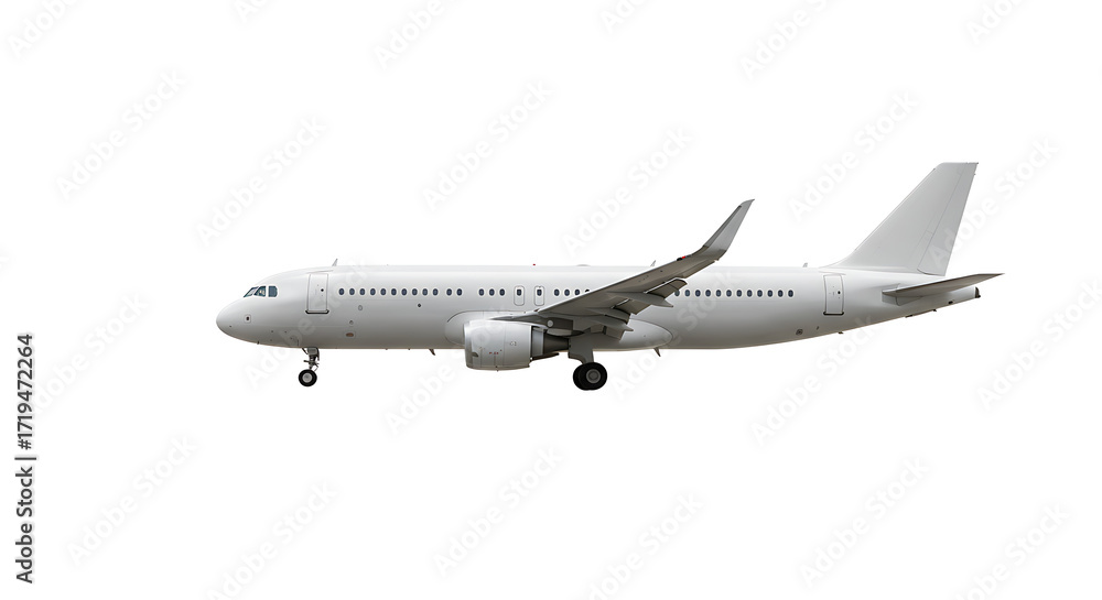 Obraz premium Side view of a white passenger jet aircraft on a white background.