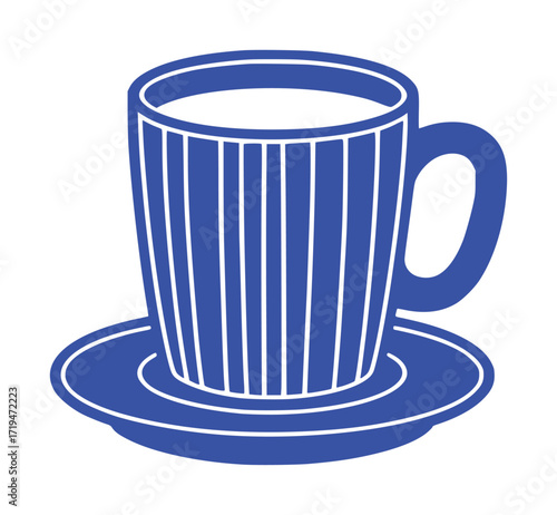 Blue Striped Coffee Cup and Saucer with White Liquid