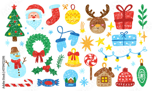 Crayon drawing christmas elements. Winter holidays toys gifts accessories. Isolated colored pencil drawn xmas and new year neoteric vector set