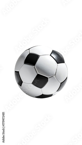A meticulously rendered digital image of a classic black and white soccer ball, exhibiting realistic lighting and shadow effects on its pentagonal and hexagonal panels