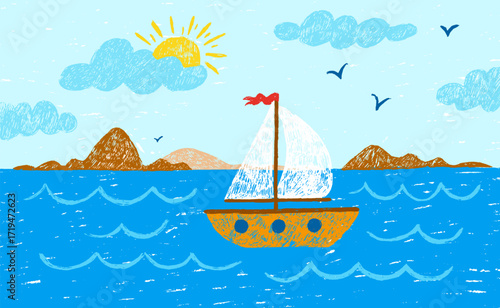 Ship in ocean children drawing landscape. Hand drawn color pencil sea or ocean, boat, clouds with sun and mountains. Crayon style neoteric vector illustration