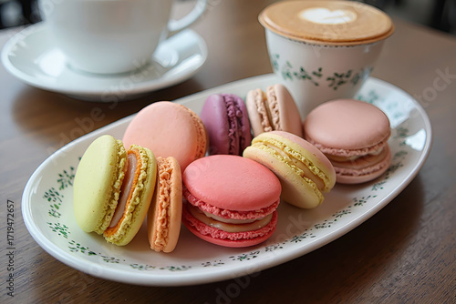 Multicolored French macarons in a plate on a table in a cafe, next to a cup of cappuccino with a pattern.
