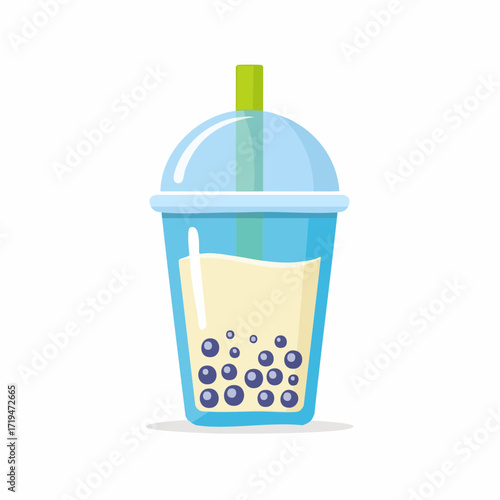 A vector illustration of a boba tea drink in a plastic cup with a straw, featuring tapioca pearls at the bottom.