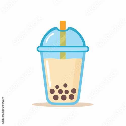 A vector illustration of a boba tea drink in a plastic cup with a straw, featuring tapioca pearls at the bottom.