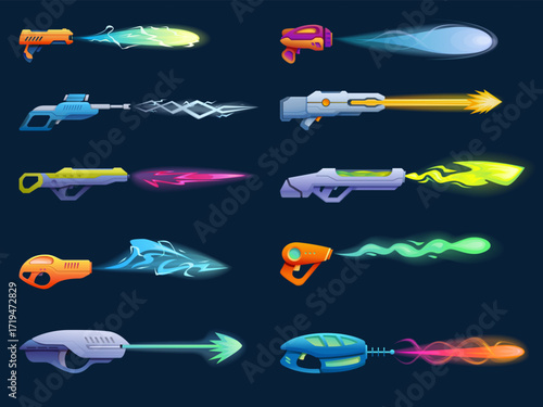 Cartoon futuristic guns. Different weapons, kids plastic toys for war games. Blasters with bright shooting effects, military elements, sapid vector set