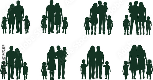 Dark green silhouette illustration set of family groups with adults and children, symbolizing unity, diversity, and social bonding themes.
