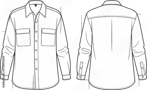 Button‑up shirt technical sketch, front and back view, long sleeves, pointed collar, chest pockets, fashion design illustration, garment construction vector, apparel template