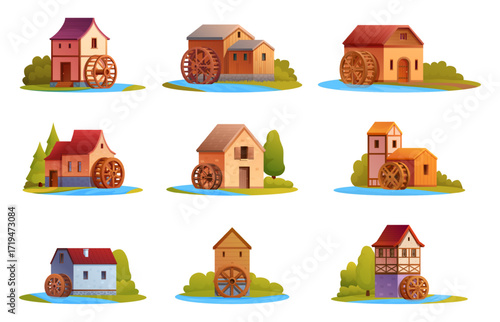 Cartoon watermills set. Water mill old style on rover or lake. Wooden stone brick houses with wheels. Agriculture or farming vintage sapid vector elements