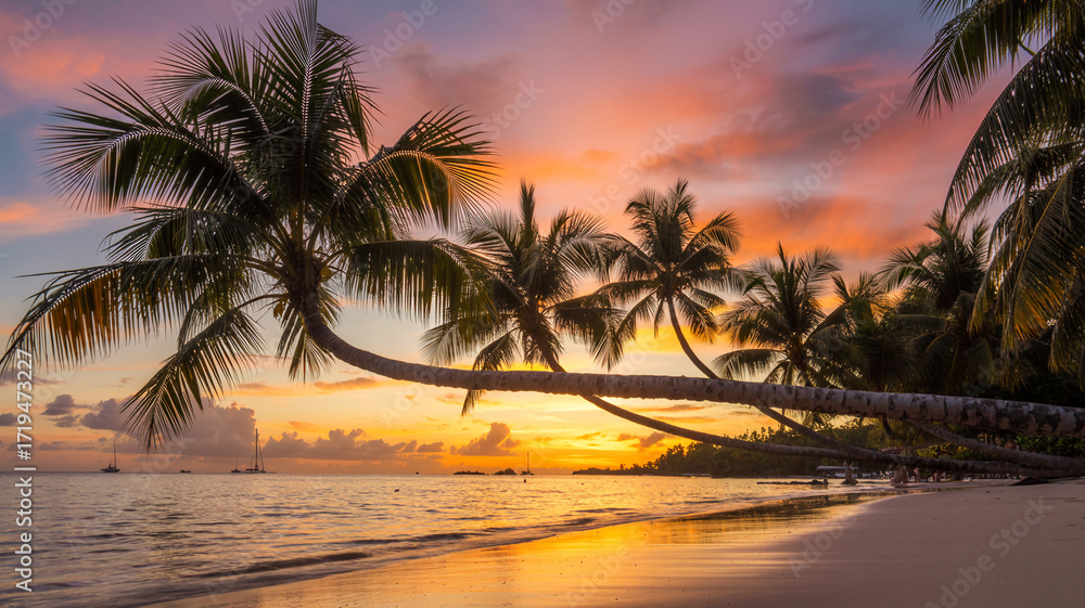 Fototapeta premium Palm Trees Swaying over a Serene Beach Sunset