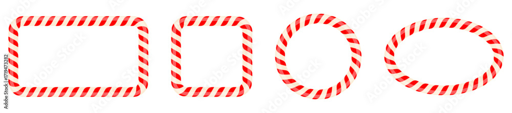 Obraz premium Striped candy frames set. Rectangle, square, circle and oval candy Christmas sweet decoration shapes. Vector illustration isolated on white.