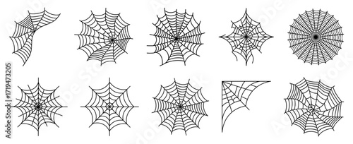 Spider web collection. Different cobweb designs with radial and corner patterns