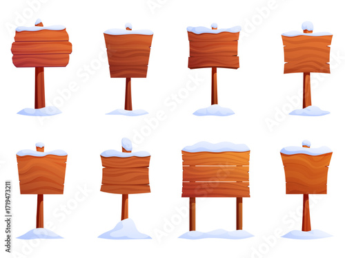 Snowy wooden billboards. Winter wood banners with snow caps. Signboard or road signs, vintage style street decorations, pointers sapid vector set