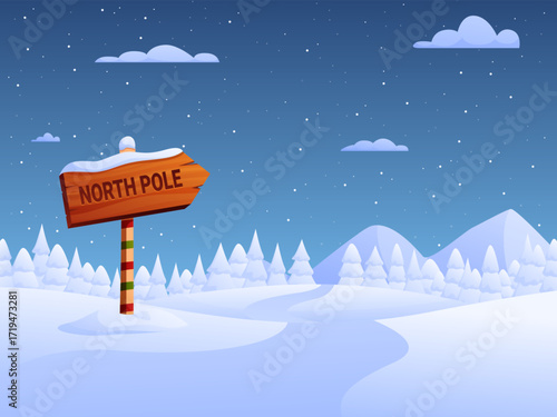 North pole sign. Wooden pointer on snowy landscape, christmas style nature, forest in snow. Santa home destination, winter hills, sapid vector illustration