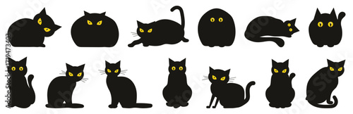 Black cat silhouette collection with glowing eyes. Each feline shown in various sitting and lying positions. Ideal for Halloween or spooky designs