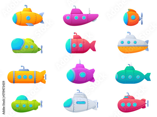 Cartoon ocean submarines. Isolated submarine icons, various underwater boats for travel and exploration. Bathyscaphe, children sapid vector elements