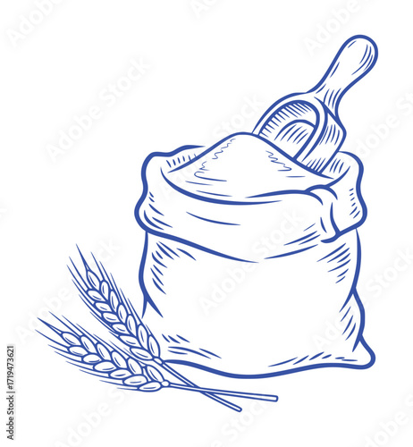 Hand-drawn illustration of a sack of flour with wheat stalks and a scoop