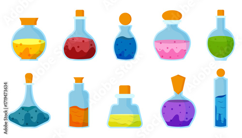 Magic potion bottle collection. Colorful flasks with liquid for fantasy and alchemy themes
