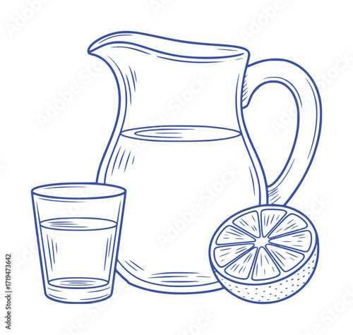 Hand-drawn sketch of a pitcher of lemonade with a glass and a lemon slice