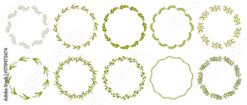 Floral wreath collection with delicate leaves. Each round frame decorated with greenery and flowers. Ideal for invitations and decorative projects
