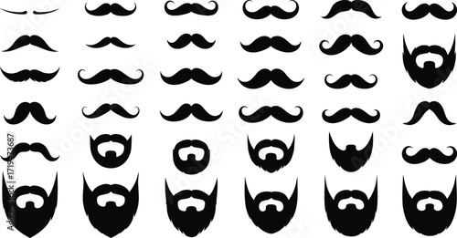 Stylized black silhouette set of 36 facial hair designs including mustaches and beards for grooming, fashion, and character design.