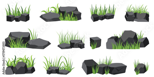 Rock and grass collection for nature design. Stones arranged with green blades of grass. Perfect for landscapes or backgrounds
