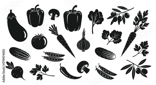 Vector illustration of assortment of fresh vegetable silhouettes including eggplant, tomato, pepper, mushroom, onion, carrot, cucumber, peas, and olives