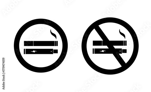 No smoking no vaping and smoking area sign set. Forbidden sign icon isolated on white background vector illustration. Cigarette, vape in prohibition circle and green allowed area.
